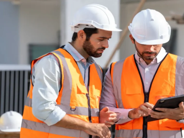 Deux hommes discutent devant une tablette sur un chantier