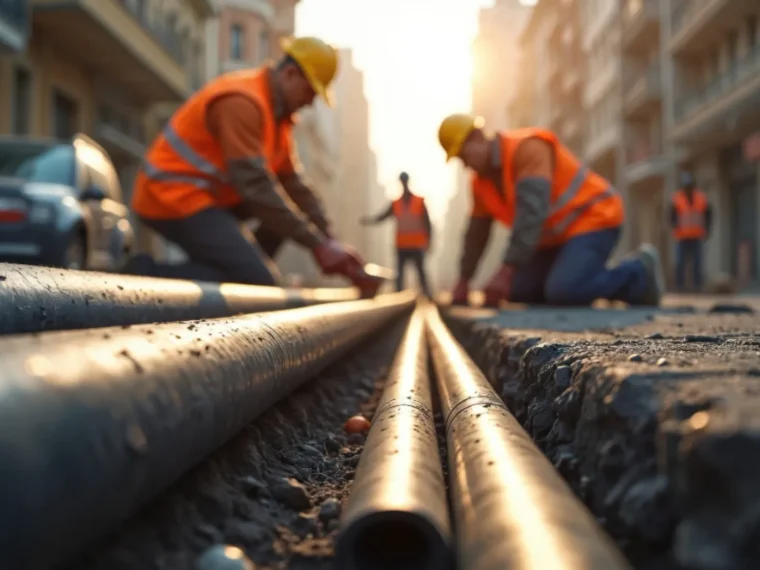 Plusieurs personnes qui travaillent sur des tuyaux en fin de journée
