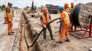 Plusieurs ouvriers posent des câbles sur un chantier le long d'une route