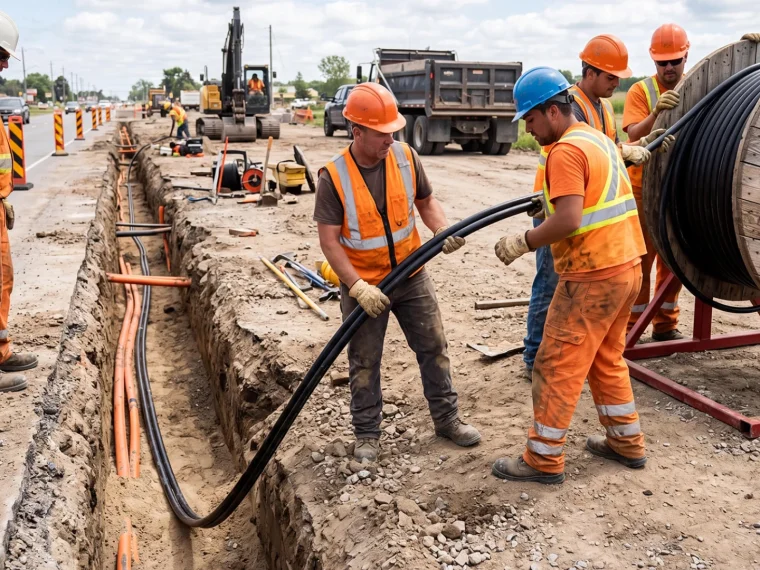 Plusieurs ouvriers posent des câbles sur un chantier le long d'une route