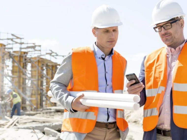 Deux hommes sur un chantier discutent avec des plans et un téléphone