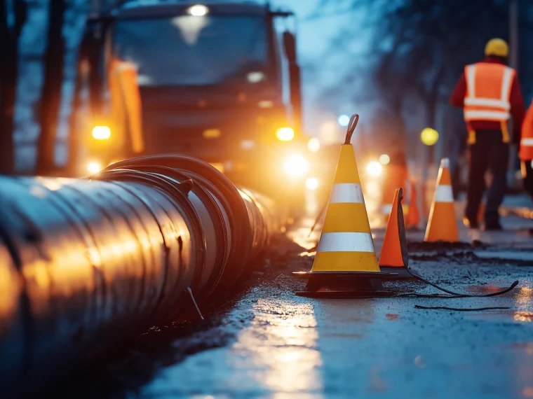Deux personnes avec gilet orange au loin et de nuit à côté d'un chantier