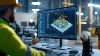 Un homme en tenue de chantier qui travaille sur son ordinateur avec un logiciel BIM