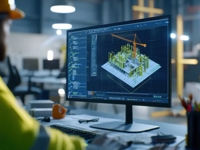 Un homme en tenue de chantier qui travaille sur son ordinateur avec un logiciel BIM