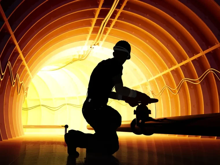 Homme dans un tunnel qui travaille sur des tuyaux