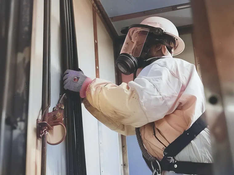 Amiante360 Exposition – ouvrier équipé d'une protection respiratoire sur un chantier de désamiantage