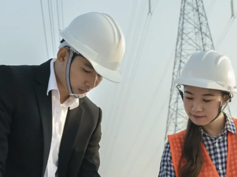 Camélia, 2 personnes avec un casque de chantier et gilet orange