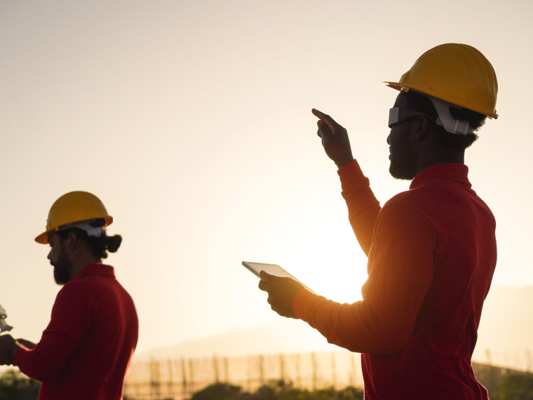 Deux hommes sur un chantier au lever de soleil