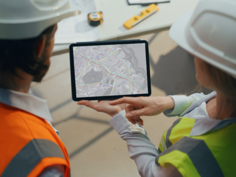 Uniplan, 2 personnes avec un casque de chantier qui regarde une tablette avec un plan