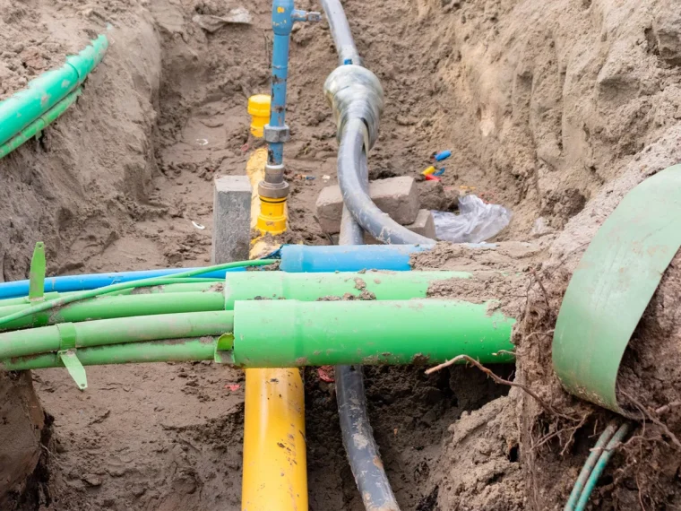 Open sleuf met groene, blauwe, gele en zwarte kabels en leidingen die elkaar kruisen