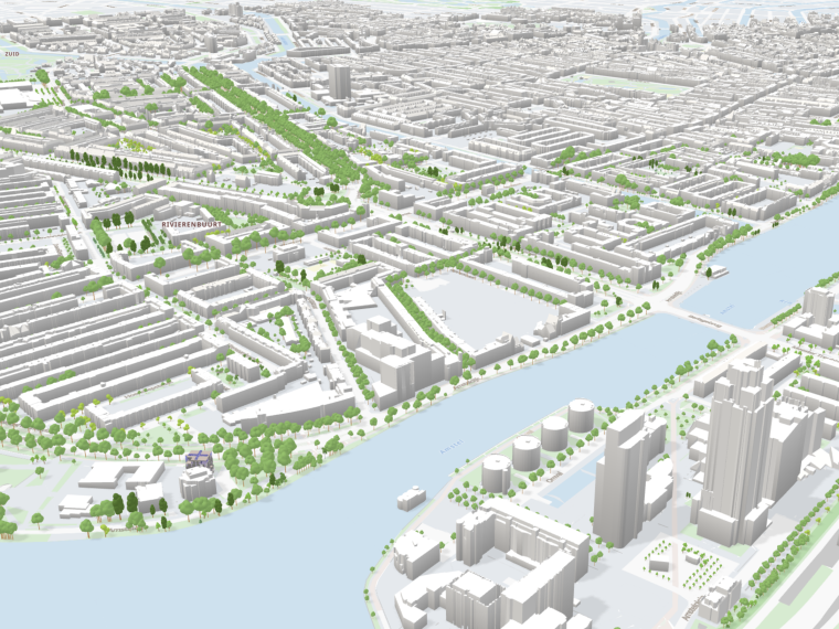 3D-weergave van een deel van Amsterdam met grijze gebouwen, groene bomen en de Amstel