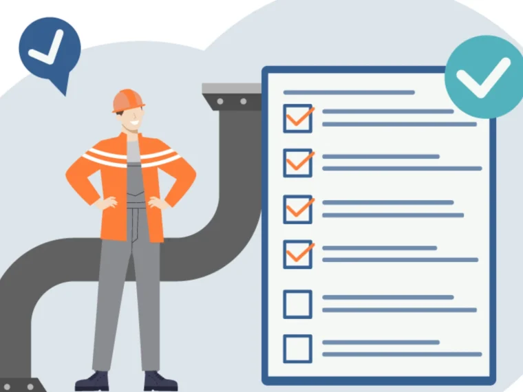 Illustratie van een grondwerker met helm naast een leiding en een checklist met afgevinkte stappen