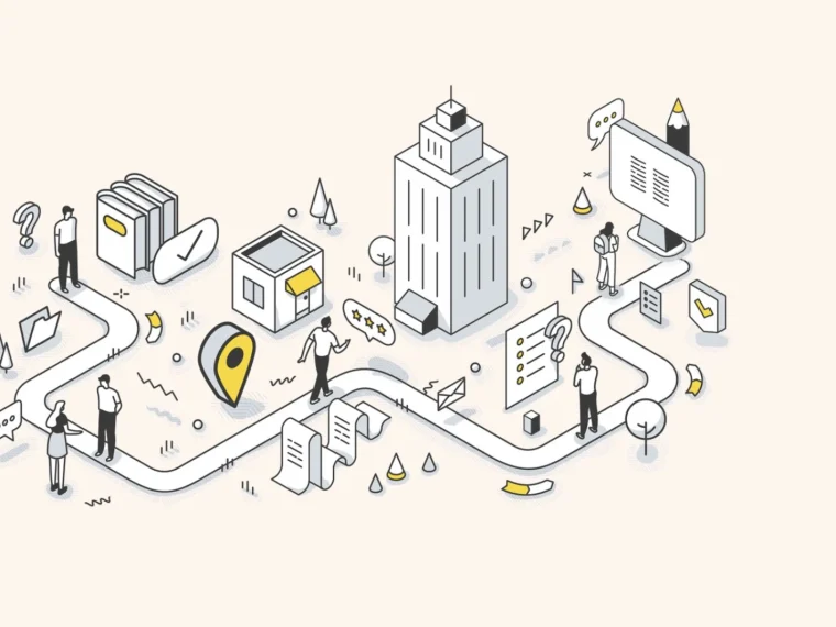 Illustratie van een stad met een kantoorgebouw, een gele locatiepin, formulieren en mensen langs een route