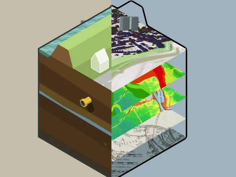 Illustratie van een doorsnede van een dijk met grondlagen en een leiding, naast kaartlagen met bodemdata en een oude kaart