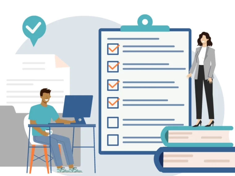 Illustratie van een man achter een computer en een vrouw op een stapel boeken naast een grote checklist