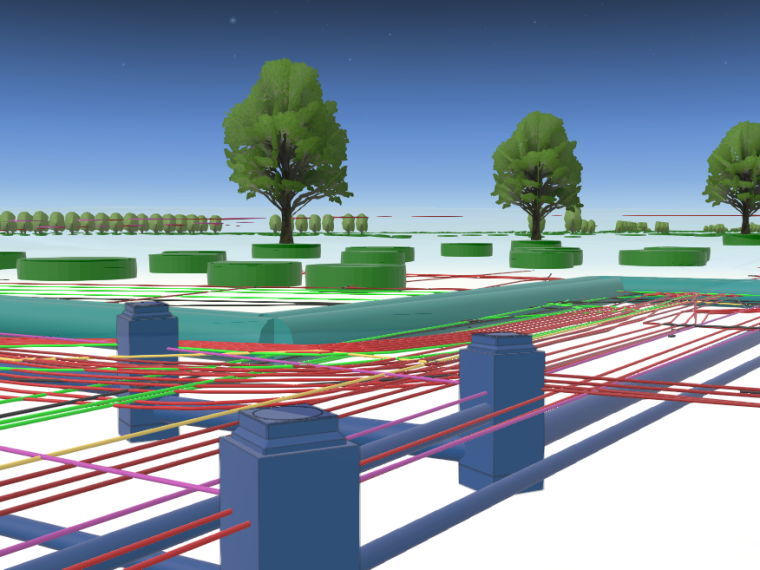 3D-weergave van de ondergrond met gekleurde kabels, leidingen, rioolputten en boomwortels onder bomen