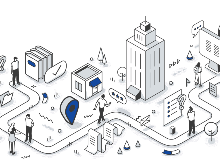 Illustratie van een stad met een kantoorgebouw, een locatiepin, formulieren en mensen langs een route