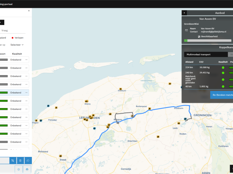 Kaart van Friesland en Groningen in een matchingportaal met aanbod van grond, transportroutes en koppelkansen